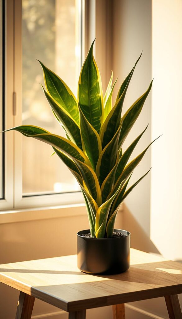 Elegant snake plant with lush, variegated leaves under soft, diffused natural lighting. A large window bathes the scene in warm, golden sunlight, casting gentle shadows across the plant's sculptural foliage. The plant is positioned on a simple wooden table, surrounded by a minimalist, Scandinavian-inspired interior. The lighting is soft and directional, creating depth and dimension. Camera angle is slightly elevated to showcase the plant's striking silhouette. Overall, a serene, contemplative atmosphere that highlights the snake plant's low-light adaptability and visual appeal. Elegant snake plant with lush, variegated leaves under soft, diffused natural lighting. A large window bathes the scene in warm, golden sunlight, casting gentle shadows across the plant's sculptural foliage. The plant is positioned on a simple wooden table, surrounded by a minimalist, Scandinavian-inspired interior. The lighting is soft and directional, creating depth and dimension. Camera angle is slightly elevated to showcase the plant's striking silhouette. Overall, a serene, contemplative atmosphere that highlights the snake plant's low-light adaptability and visual appeal.