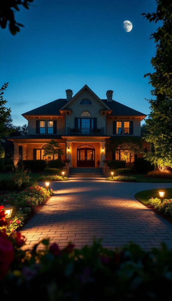 Facade illumination: A grand two-story house with intricate architectural details, its facade bathed in a warm, soft glow from carefully placed spotlights. In the foreground, carefully curated landscaping with lush greenery and vibrant flowers frames the scene. The middle ground features a paved driveway leading up to the home, illuminated by strategically placed path lights casting a gentle ambiance. In the background, the night sky provides a serene and peaceful backdrop, with a subtle hint of moonlight adding depth and dimension to the overall composition. The lighting is designed to accentuate the home's unique features, creating a welcoming and visually striking display that showcases its architectural beauty. Facade illumination: A grand two-story house with intricate architectural details, its facade bathed in a warm, soft glow from carefully placed spotlights. In the foreground, carefully curated landscaping with lush greenery and vibrant flowers frames the scene. The middle ground features a paved driveway leading up to the home, illuminated by strategically placed path lights casting a gentle ambiance. In the background, the night sky provides a serene and peaceful backdrop, with a subtle hint of moonlight adding depth and dimension to the overall composition. The lighting is designed to accentuate the home's unique features, creating a welcoming and visually striking display that showcases its architectural beauty.