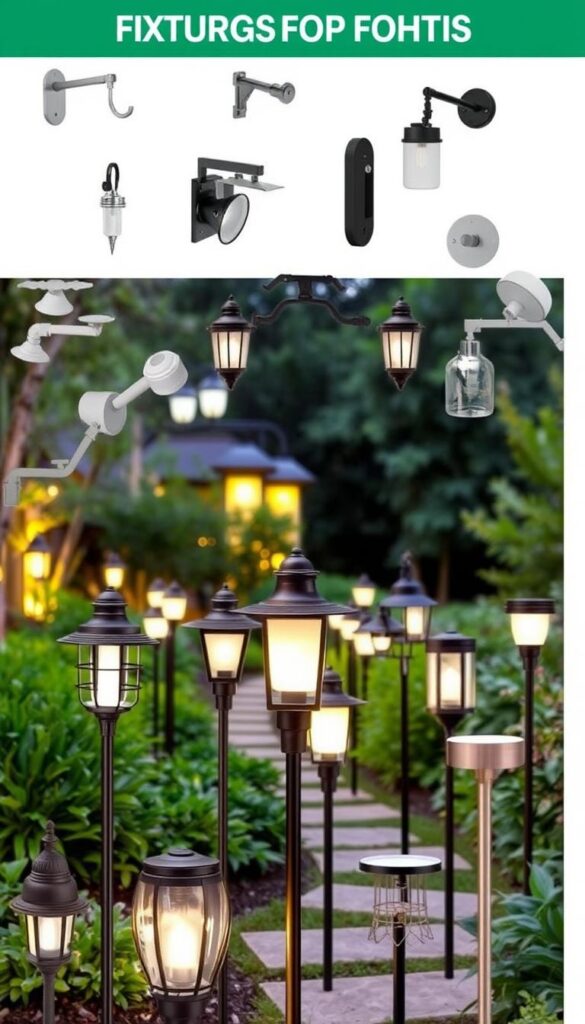 Fixtures for garden lights, a diverse array of functional and decorative elements. In the foreground, a variety of mounting options showcased: sturdy metal brackets, sleek wall-mounted sconces, and versatile ground stakes. The middle ground features a range of fixture styles, from classic lanterns to modern minimalist designs, each casting a warm, inviting glow. The background depicts a lush garden setting, with well-placed fixtures illuminating the pathways and highlighting the vibrant foliage. The image conveys a sense of cohesion, where form and function seamlessly blend to create an enchanting outdoor ambiance. Captured with a wide-angle lens and balanced lighting, the scene invites the viewer to envision the perfect fixtures for their own garden oasis. Fixtures for garden lights, a diverse array of functional and decorative elements. In the foreground, a variety of mounting options showcased: sturdy metal brackets, sleek wall-mounted sconces, and versatile ground stakes. The middle ground features a range of fixture styles, from classic lanterns to modern minimalist designs, each casting a warm, inviting glow. The background depicts a lush garden setting, with well-placed fixtures illuminating the pathways and highlighting the vibrant foliage. The image conveys a sense of cohesion, where form and function seamlessly blend to create an enchanting outdoor ambiance. Captured with a wide-angle lens and balanced lighting, the scene invites the viewer to envision the perfect fixtures for their own garden oasis.