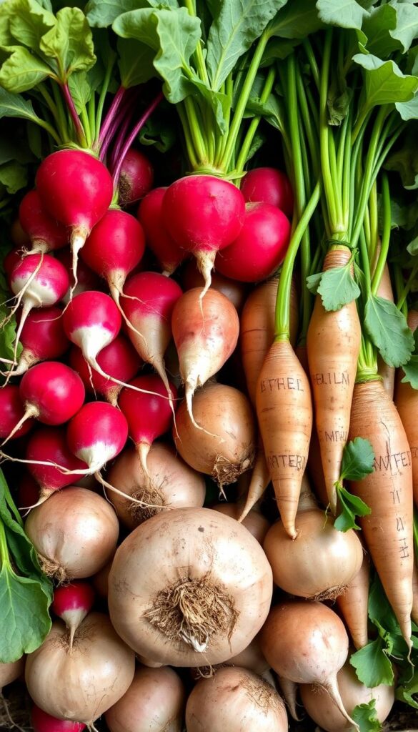 Freshly harvested radishes and turnips, their vibrant hues and contrasting textures filling the frame. Radishes, with their crisp, peppery roots and lush green tops, stand tall and proud. Turnips, both round and elongated, radiate an earthy allure, their greens cascading gracefully. Soft, diffused lighting accentuates the natural beauty of these early spring veggies, casting gentle shadows and highlighting their distinct shapes. The composition is balanced, showcasing the interplay between the radishes and turnips, creating a visually appealing and inviting scene. An overall mood of rustic, seasonal abundance pervades the image, beckoning the viewer to imagine the culinary delights these versatile ingredients can bring.