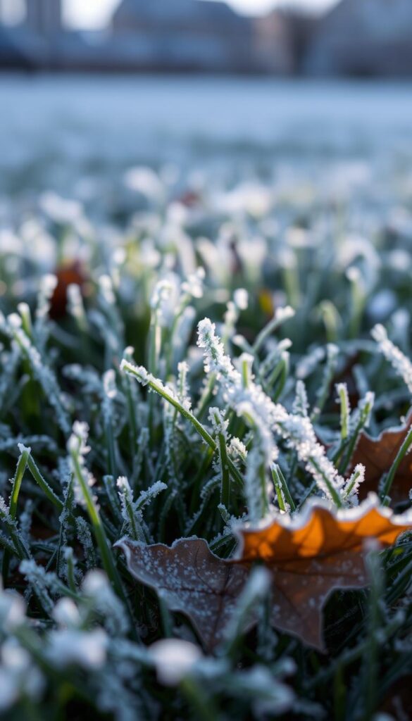 Frost-covered blades of grass, glistening in the cool morning light. A delicate layer of ice crystals adorns the lush green lawn, creating a serene and tranquil scene. In the foreground, a few fallen leaves add a touch of autumnal hue, contrasting with the icy whiteness. The background is softly blurred, allowing the viewer to focus on the intricate details of the frost-kissed grass. The image is captured with a shallow depth of field, emphasizing the tactile and intimate nature of this moment. The overall mood is one of peaceful contemplation, inviting the viewer to appreciate the delicate beauty of nature's winter embrace.