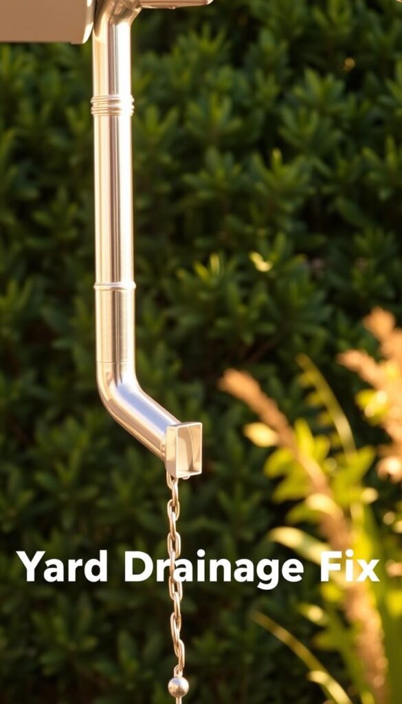 Gutters downspout, a functional yet often overlooked feature, standing tall against a backdrop of lush greenery. Meticulously crafted from gleaming metal, the downspout stretches downward, channeling rainwater away from the home's foundation. The scene is bathed in warm, golden sunlight, casting a soft glow and creating dynamic shadows that accentuate the downspout's contours. In the foreground, the downspout's seamless integration with the gutter system suggests a well-designed drainage solution, ready to tackle even the heaviest of rainfalls. This image captures the essence of a quick, effective yard drainage fix - practical, visually appealing, and in harmony with the surrounding landscape. Gutters downspout, a functional yet often overlooked feature, standing tall against a backdrop of lush greenery. Meticulously crafted from gleaming metal, the downspout stretches downward, channeling rainwater away from the home's foundation. The scene is bathed in warm, golden sunlight, casting a soft glow and creating dynamic shadows that accentuate the downspout's contours. In the foreground, the downspout's seamless integration with the gutter system suggests a well-designed drainage solution, ready to tackle even the heaviest of rainfalls. This image captures the essence of a quick, effective yard drainage fix - practical, visually appealing, and in harmony with the surrounding landscape.