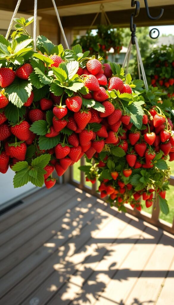 Hanging baskets spilling over with ripe, juicy strawberries, their vibrant red hues gleaming in warm, diffused sunlight. The lush, green foliage cascading down the sides, creating a visually striking contrast. The baskets are suspended from wrought-iron hooks, casting intricate shadows on the weathered wooden deck below. A sense of tranquility and abundance pervades the scene, inviting the viewer to imagine the sweet fragrance and the delight of plucking these strawberries straight from their hanging homes. Hanging baskets spilling over with ripe, juicy strawberries, their vibrant red hues gleaming in warm, diffused sunlight. The lush, green foliage cascading down the sides, creating a visually striking contrast. The baskets are suspended from wrought-iron hooks, casting intricate shadows on the weathered wooden deck below. A sense of tranquility and abundance pervades the scene, inviting the viewer to imagine the sweet fragrance and the delight of plucking these strawberries straight from their hanging homes.