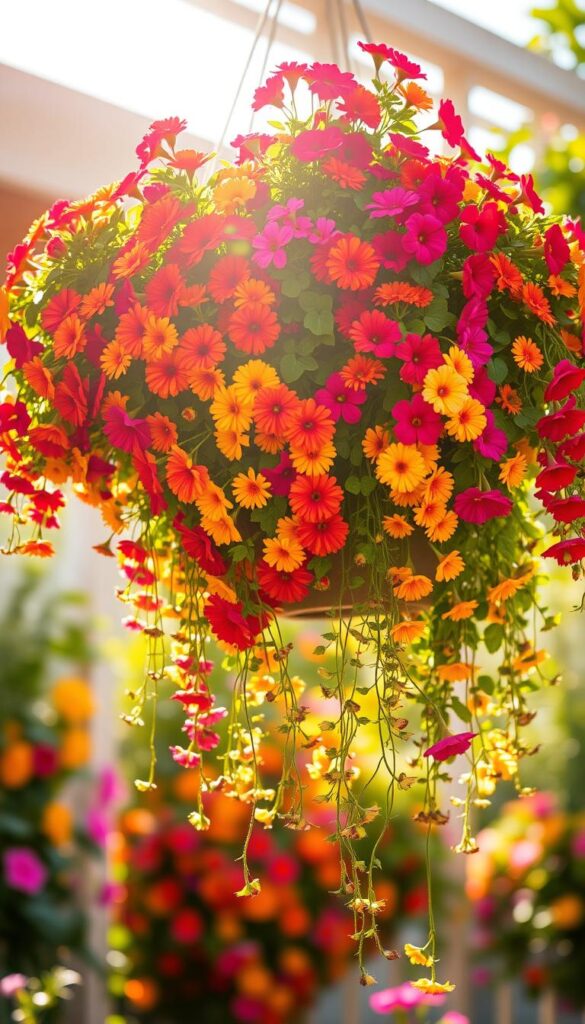 Hanging cascading flowers bursting with vibrant blooms, bathed in warm, golden sunlight. A lush, verdant foliage-filled hanging basket, brimming with an array of colorful petals - marigolds, petunias, and trailing geraniums spilling over the sides. Delicate stems gently swaying in a soft, summer breeze. Captured through a wide-angle lens, the flowers filling the frame, their organic shapes and textures accentuated. A sense of lush abundance and natural beauty, evoking the joyful, carefree spirit of a thriving, sun-drenched garden.