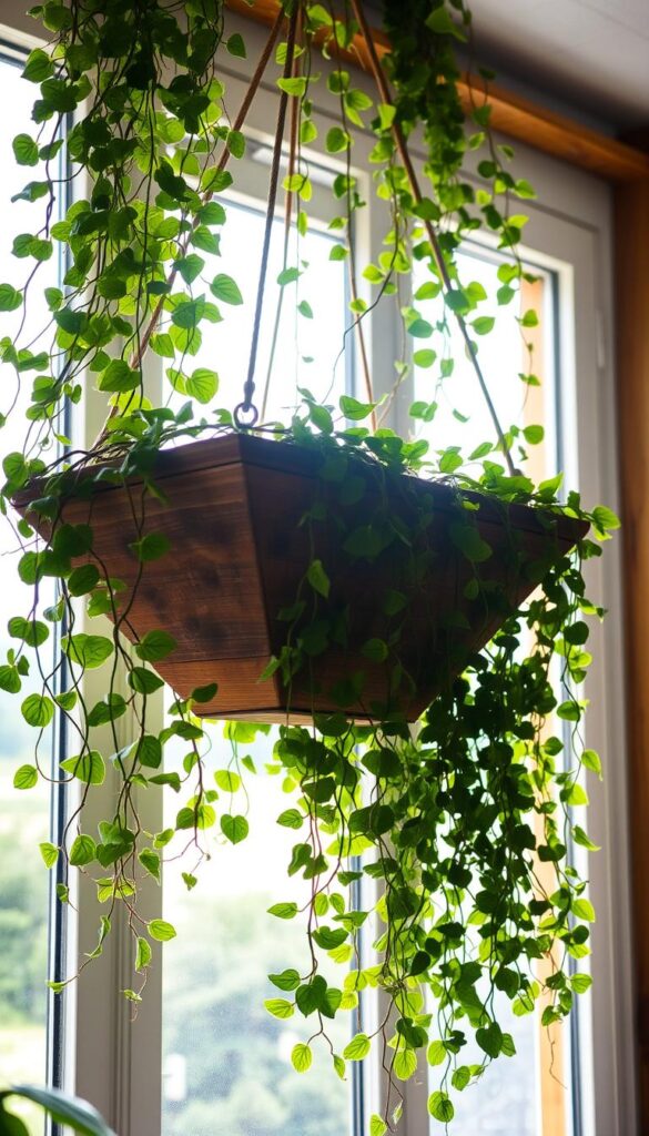 Hanging plants cascading from a rustic wooden planter, illuminated by soft, natural light filtering through a large window. A lush array of trailing vines and leafy greens spilling over the edges, creating a verdant, relaxing atmosphere perfect for a small balcony or patio. The plants appear to have been thoughtfully arranged, with a harmonious composition that draws the eye upwards. The warm, earthy tones of the wooden planter complement the vibrant foliage, conveying a sense of tranquility and organic beauty well-suited for a cozy, intimate living space.