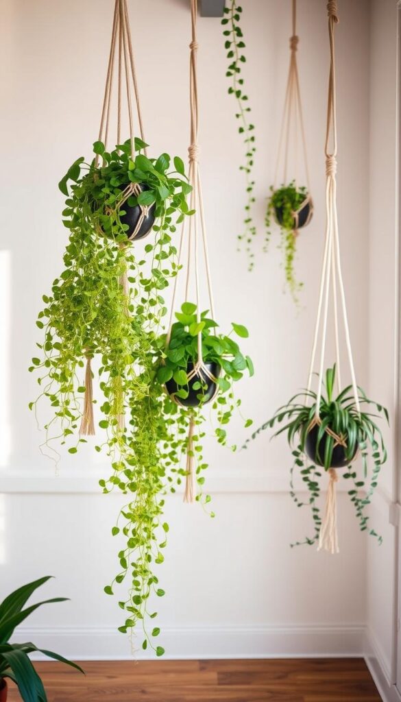 Hanging plants in a cozy, modern interior. A lush cascade of verdant foliage cascading from intricate macrame plant holders, suspended from the ceiling with natural ropes. Soft, warm lighting illuminates the scene, casting gentle shadows and highlighting the organic textures. The plants seem to float effortlessly, creating a serene, minimalist atmosphere. The background features clean, white walls and a wooden floor, allowing the greenery to take center stage. Elegant, simple, and visually striking - the perfect solution for adding life and vibrancy to a small, urban space.