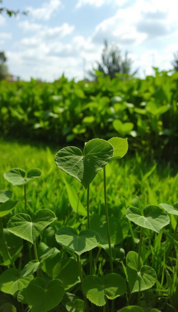 Heart-shaped leaves gently swaying in a warm, sun-dappled garden. The lush foliage in the foreground casts soft shadows on the ground, hinting at the intricate vein patterns within each leaf. In the middle ground, the leaves blend seamlessly with the vibrant green lawn, creating a harmonious, natural composition. Wispy clouds drift overhead, casting a serene, diffused light that accentuates the delicate textures of the leaves. The overall mood is one of tranquility and careful observation, inviting the viewer to appreciate the subtle beauty of these weed-like plants.