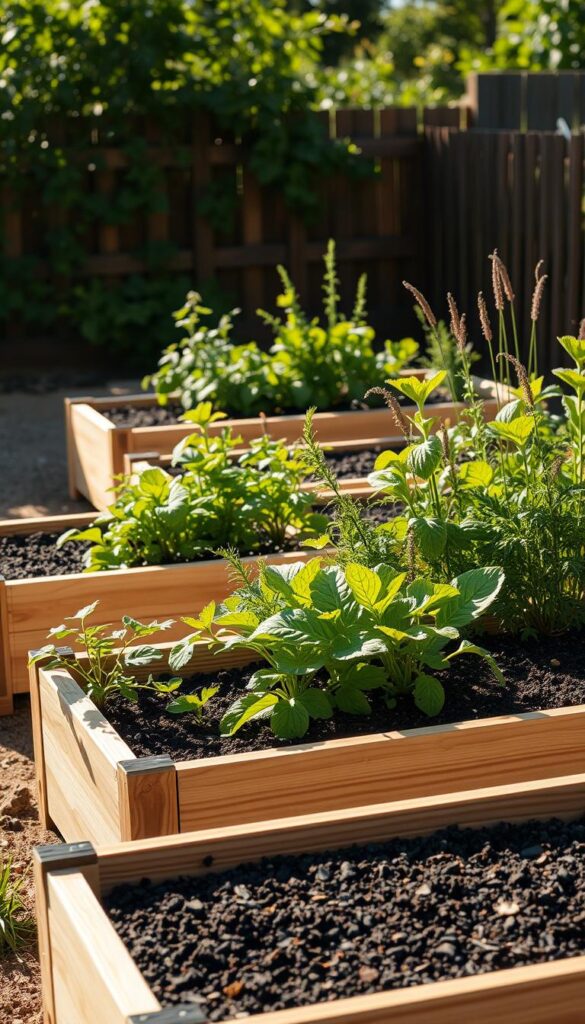 High-quality, detailed image of raised garden beds in a well-lit, warm outdoor setting. The beds are constructed from natural wood or cedar, with clean, geometric lines and a sturdy, elevated design. The beds are filled with rich, dark soil and thriving greenery - a mix of flowers, herbs, and leafy plants. The scene is bathed in soft, warm sunlight, with subtle shadows adding depth and dimension. The overall composition showcases the beds' thoughtful, functional design and the vibrant, lush foliage they contain, evoking a sense of serene, productive gardening.