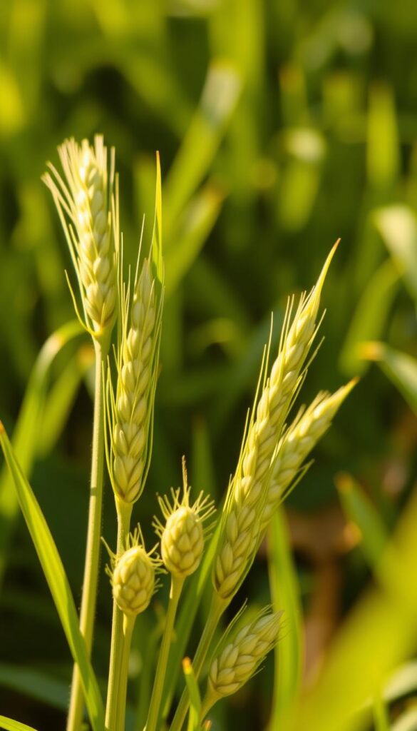 High resolution close-up photograph of a handful of lush green grass seed heads, with soft focus and warm natural lighting illuminating the intricate textures and details. The seeds are arranged in the foreground, with a blurred background that suggests a grassy field or lawn. The image has a clean, minimalist composition that highlights the beauty and variety of the individual seeds, conveying the quality and vitality of the grass seed.