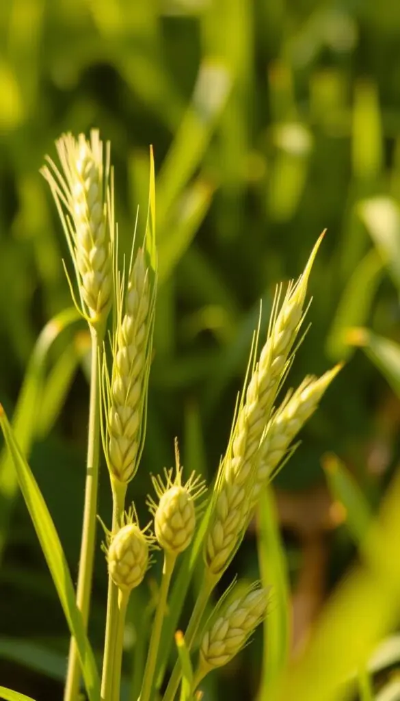 High resolution close-up photograph of a handful of lush green grass seed heads, with soft focus and warm natural lighting illuminating the intricate textures and details. The seeds are arranged in the foreground, with a blurred background that suggests a grassy field or lawn. The image has a clean, minimalist composition that highlights the beauty and variety of the individual seeds, conveying the quality and vitality of the grass seed.