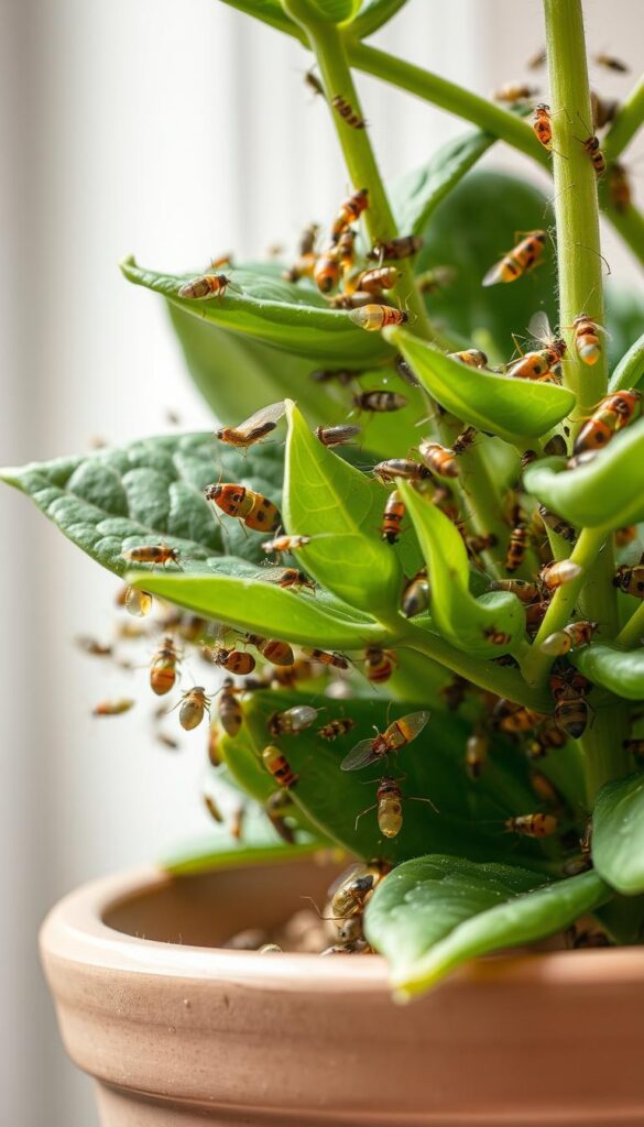 Intricate close-up of various indoor plant pests crawling and infesting a potted plant, photographed with a macro lens in soft, natural lighting. Detailed depictions of aphids, spider mites, mealybugs, and fungus gnats swarming around the leaves and stems. The scene conveys a sense of infestation and the need for early detection to prevent the spread of these common indoor plant problems. Intricate close-up of various indoor plant pests crawling and infesting a potted plant, photographed with a macro lens in soft, natural lighting. Detailed depictions of aphids, spider mites, mealybugs, and fungus gnats swarming around the leaves and stems. The scene conveys a sense of infestation and the need for early detection to prevent the spread of these common indoor plant problems.
