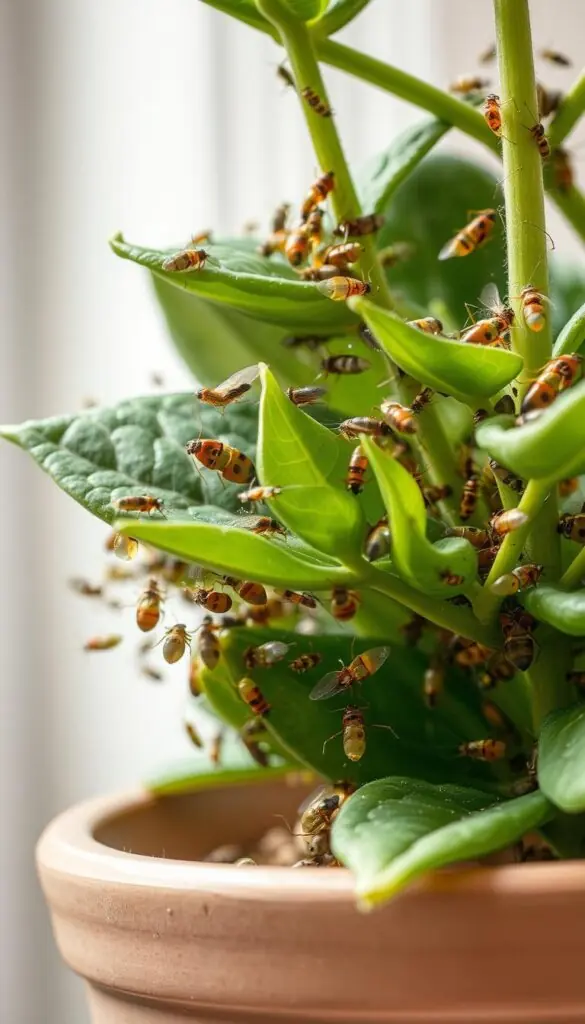 Intricate close-up of various indoor plant pests crawling and infesting a potted plant, photographed with a macro lens in soft, natural lighting. Detailed depictions of aphids, spider mites, mealybugs, and fungus gnats swarming around the leaves and stems. The scene conveys a sense of infestation and the need for early detection to prevent the spread of these common indoor plant problems.