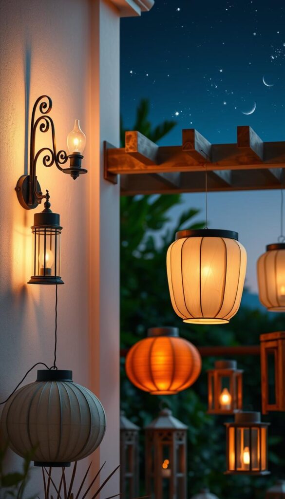 Lanterns of various shapes and sizes, casting a warm glow against a softly lit outdoor scene. A pair of elegant wrought-iron sconces mounted on a whitewashed wall, their flames flickering gently. In the foreground, a grouping of traditional paper lanterns in muted tones, suspended from an overhead trellis. The middle ground features a collection of rustic wooden lanterns, their lanterns aglow, complementing the natural surroundings. In the background, a subtle silhouette of lush greenery and a starry night sky, creating a serene and inviting ambiance. The lighting is well-balanced, with a focus on creating a cozy and intimate atmosphere perfect for an outdoor living space. Lanterns of various shapes and sizes, casting a warm glow against a softly lit outdoor scene. A pair of elegant wrought-iron sconces mounted on a whitewashed wall, their flames flickering gently. In the foreground, a grouping of traditional paper lanterns in muted tones, suspended from an overhead trellis. The middle ground features a collection of rustic wooden lanterns, their lanterns aglow, complementing the natural surroundings. In the background, a subtle silhouette of lush greenery and a starry night sky, creating a serene and inviting ambiance. The lighting is well-balanced, with a focus on creating a cozy and intimate atmosphere perfect for an outdoor living space.