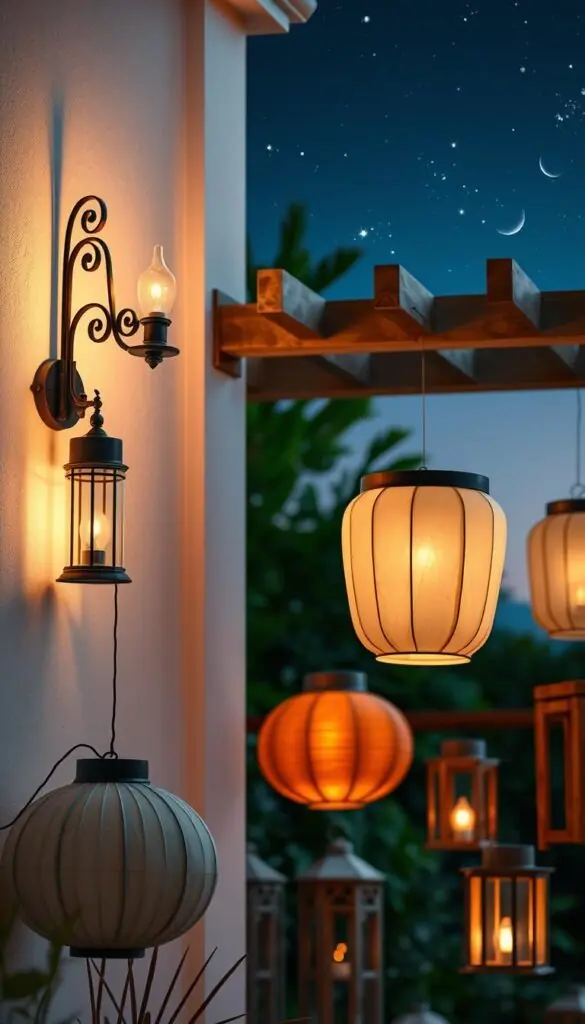 Lanterns of various shapes and sizes, casting a warm glow against a softly lit outdoor scene. A pair of elegant wrought-iron sconces mounted on a whitewashed wall, their flames flickering gently. In the foreground, a grouping of traditional paper lanterns in muted tones, suspended from an overhead trellis. The middle ground features a collection of rustic wooden lanterns, their lanterns aglow, complementing the natural surroundings. In the background, a subtle silhouette of lush greenery and a starry night sky, creating a serene and inviting ambiance. The lighting is well-balanced, with a focus on creating a cozy and intimate atmosphere perfect for an outdoor living space. Lanterns of various shapes and sizes, casting a warm glow against a softly lit outdoor scene. A pair of elegant wrought-iron sconces mounted on a whitewashed wall, their flames flickering gently. In the foreground, a grouping of traditional paper lanterns in muted tones, suspended from an overhead trellis. The middle ground features a collection of rustic wooden lanterns, their lanterns aglow, complementing the natural surroundings. In the background, a subtle silhouette of lush greenery and a starry night sky, creating a serene and inviting ambiance. The lighting is well-balanced, with a focus on creating a cozy and intimate atmosphere perfect for an outdoor living space.