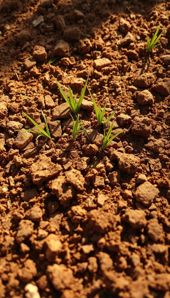 Late summer soil, sun-baked and rich in earthy tones, a canvas of ochre and sienna hues. Close-up, the soil's textured surface reveals a intricate network of crevices and clumps, the result of heat and drought stress. Parched blades of grass emerge sparsely, their green hues muted against the dominant brown tones. Dappled light filters through, casting delicate shadows that accentuate the soil's undulating contours. A sense of dormancy pervades the scene, hinting at the need for revitalization. This is the canvas upon which the lush, verdant lawn shall be restored, through the restorative powers of aeration and overseeding.