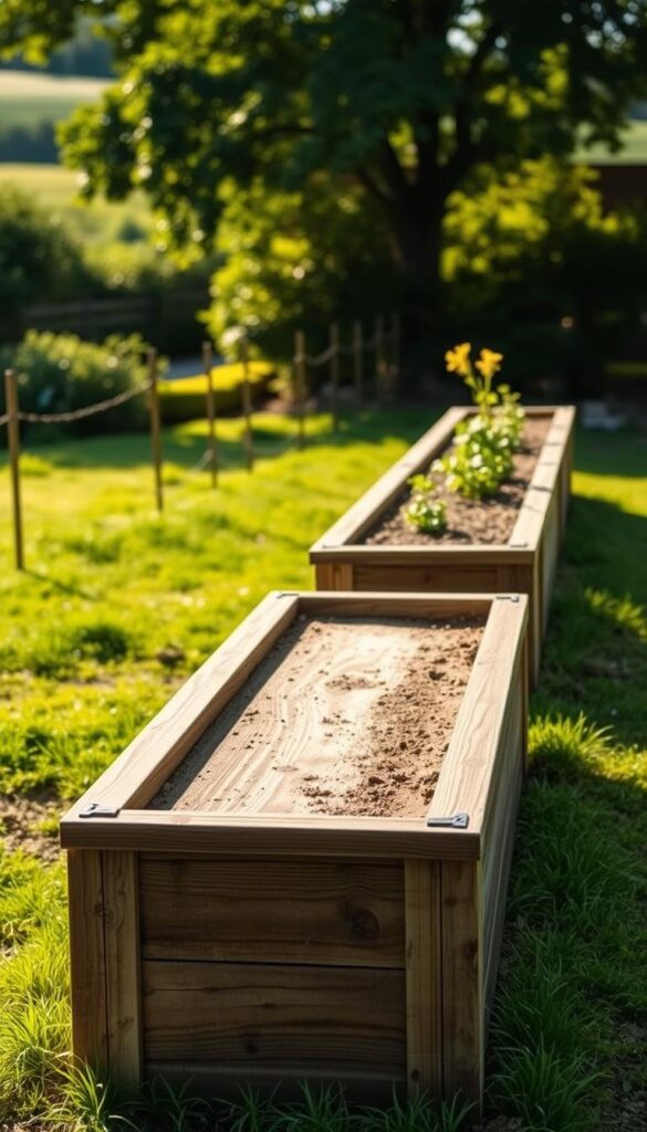Long, raised garden beds in a lush, well-lit outdoor setting. The beds are constructed with weathered, wooden planks arranged in a squared-off rectangular frame, positioned at an optimal height for comfortable gardening. The foreground showcases the clean, rectangular profile of the beds, with a slight angle to emphasize their elongated shape. The middle ground features a tranquil, natural landscape, perhaps with a gentle slope or some verdant foliage in the background, creating a sense of depth and harmony. The lighting is soft and diffused, casting a warm, golden glow over the scene, highlighting the natural textures and colors of the materials used. An overall serene and inviting atmosphere, perfect for illustrating the process of building a raised flower bed. Long, raised garden beds in a lush, well-lit outdoor setting. The beds are constructed with weathered, wooden planks arranged in a squared-off rectangular frame, positioned at an optimal height for comfortable gardening. The foreground showcases the clean, rectangular profile of the beds, with a slight angle to emphasize their elongated shape. The middle ground features a tranquil, natural landscape, perhaps with a gentle slope or some verdant foliage in the background, creating a sense of depth and harmony. The lighting is soft and diffused, casting a warm, golden glow over the scene, highlighting the natural textures and colors of the materials used. An overall serene and inviting atmosphere, perfect for illustrating the process of building a raised flower bed.