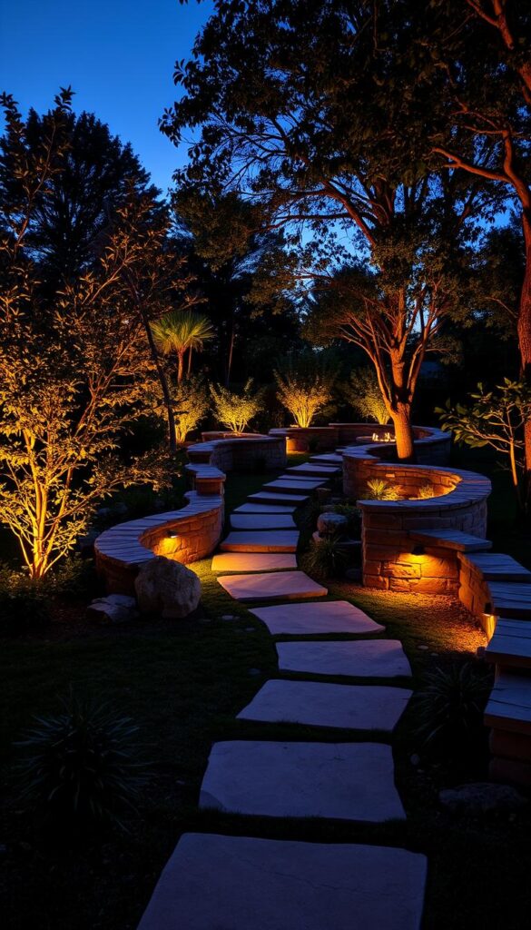 Lush backyard landscape at twilight, warm landscape lighting illuminating a winding path, accent lights highlighting the textures of natural stone walls and water features, soft shadows and highlights creating a cozy, inviting atmosphere, wide-angle lens capturing the depth and grandeur of the scene, subtle color tones of dusk blending seamlessly with the artificial lighting, a sense of tranquility and relaxation pervading the entire composition. Lush backyard landscape at twilight, warm landscape lighting illuminating a winding path, accent lights highlighting the textures of natural stone walls and water features, soft shadows and highlights creating a cozy, inviting atmosphere, wide-angle lens capturing the depth and grandeur of the scene, subtle color tones of dusk blending seamlessly with the artificial lighting, a sense of tranquility and relaxation pervading the entire composition.