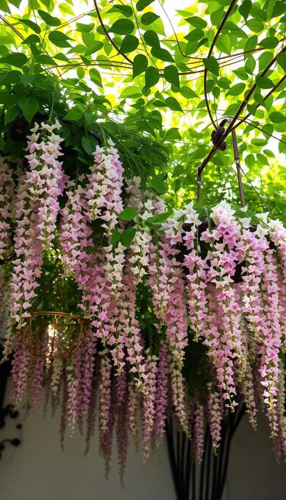 Lush, cascading hanging flowers bathed in soft, filtered light. A canopy of verdant foliage creates a serene, shaded alcove, its gentle shadows caressing the delicate blooms. The flowers, in hues of pink, lavender, and white, tumble gracefully from ornate, wrought-iron baskets, their petals gently swaying. The overall scene evokes a sense of tranquility and cool respite, perfect for a quiet corner in a shady garden or patio.