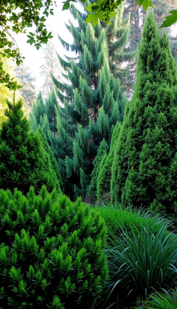 Lush evergreen trees and shrubbery fill a tranquil backyard, creating a cozy, secluded atmosphere. In the foreground, a mix of verdant, densely packed bushes and ornamental grasses sway gently in the breeze. Towering pine and fir trees rise up in the middle ground, their thick, glossy needles providing ample coverage. Dappled sunlight filters through the canopy, casting a warm, natural glow. The background features a harmonious blend of additional evergreen species, offering year-round privacy and a sense of enclosure. The overall scene exudes a peaceful, serene ambiance, ideal for escaping the outside world.