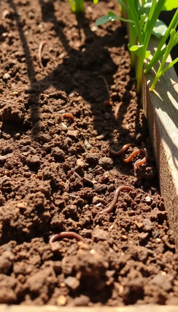 Lush, fertile soil in a sun-dappled garden, rich with organic matter and teeming with microbial life. Warm, earthy tones blend seamlessly with the soft, granular texture, creating a tactile, inviting surface. Delicate roots and earthworms burrow through the moist, loamy soil, nourishing the plants above. A narrow, wooden garden bed frames the scene, its weathered planks complementing the natural hues. Subtle shadows and highlights accentuate the soil's depth and dimension, evoking a sense of vitality and renewal. This grounded, serene composition captures the essence of a thriving, well-tended garden bed, ready to support new growth and vibrant blooms.