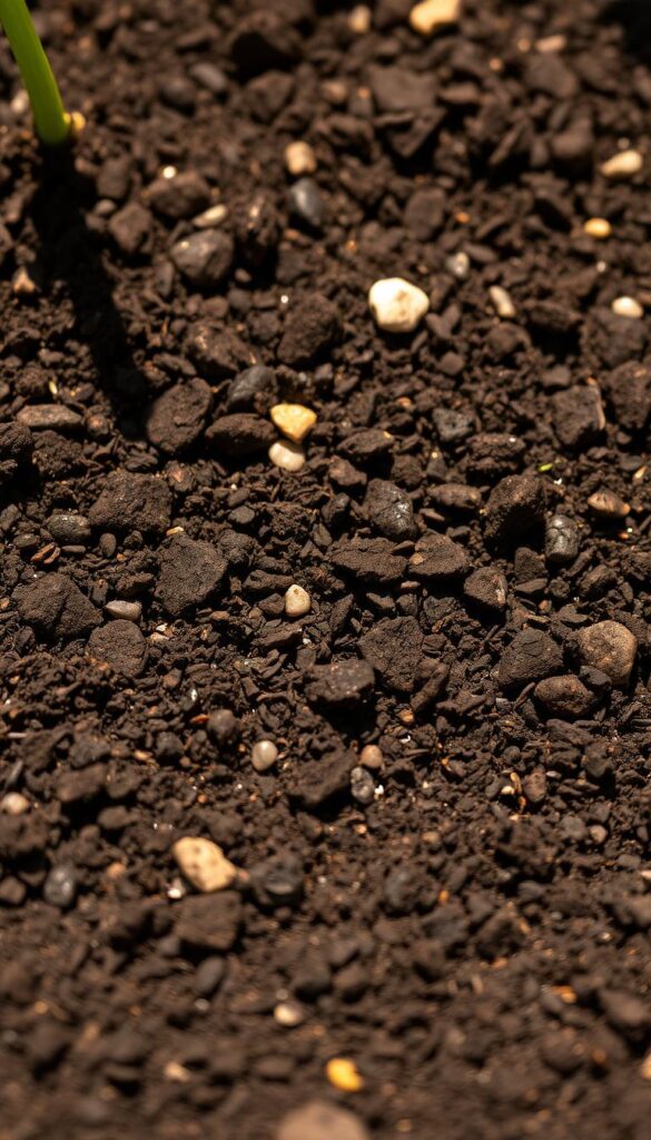Lush, fertile soil in a vibrant, earthy palette. Close-up view of the textured surface, with a mix of dark, rich topsoil and small pebbles or stones peeking through. Soft, natural lighting illuminates the soil's intricate details, creating a sense of depth and dimension. The image conveys the importance of healthy, well-prepared soil as the foundation for a thriving garden. The overall mood is one of anticipation and potential, setting the stage for a successful spring planting season. Lush, fertile soil in a vibrant, earthy palette. Close-up view of the textured surface, with a mix of dark, rich topsoil and small pebbles or stones peeking through. Soft, natural lighting illuminates the soil's intricate details, creating a sense of depth and dimension. The image conveys the importance of healthy, well-prepared soil as the foundation for a thriving garden. The overall mood is one of anticipation and potential, setting the stage for a successful spring planting season.