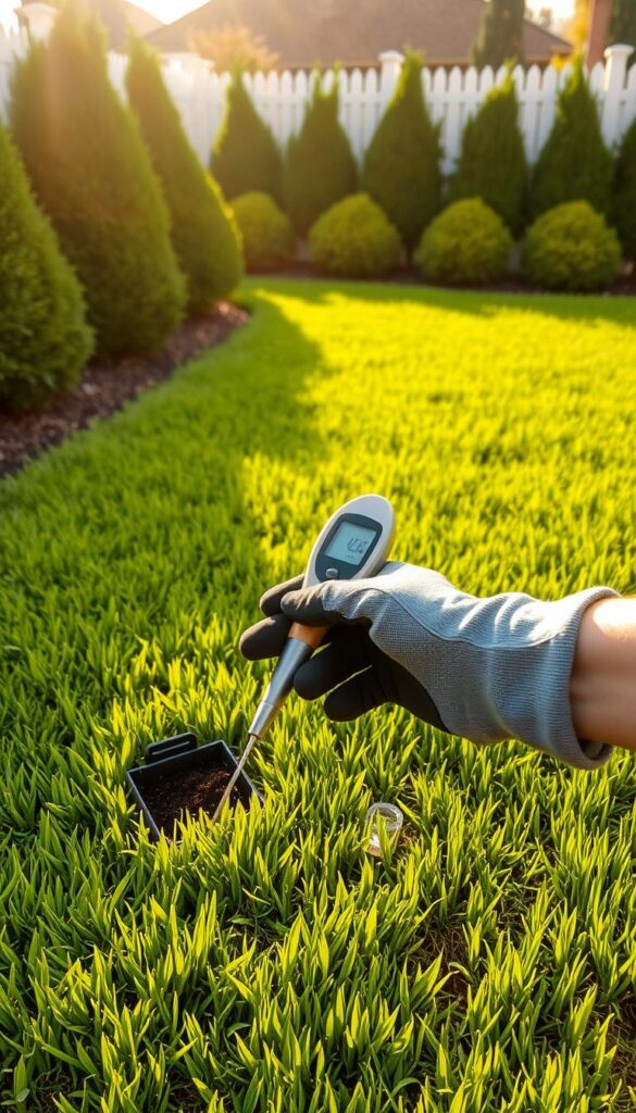 Lush green lawn, freshly mowed, bathed in warm golden sunlight. In the foreground, a gardener's gloved hand holds a small, sleek lawn check tool, inspecting the soil for moisture, pH, and nutrient levels. Behind, rows of neatly trimmed bushes and a picket fence frame the scene, suggesting a well-maintained suburban backyard. The atmosphere is one of tranquility and diligence, inviting the viewer to contemplate the importance of proper lawn care as the summer approaches. Lush green lawn, freshly mowed, bathed in warm golden sunlight. In the foreground, a gardener's gloved hand holds a small, sleek lawn check tool, inspecting the soil for moisture, pH, and nutrient levels. Behind, rows of neatly trimmed bushes and a picket fence frame the scene, suggesting a well-maintained suburban backyard. The atmosphere is one of tranquility and diligence, inviting the viewer to contemplate the importance of proper lawn care as the summer approaches.
