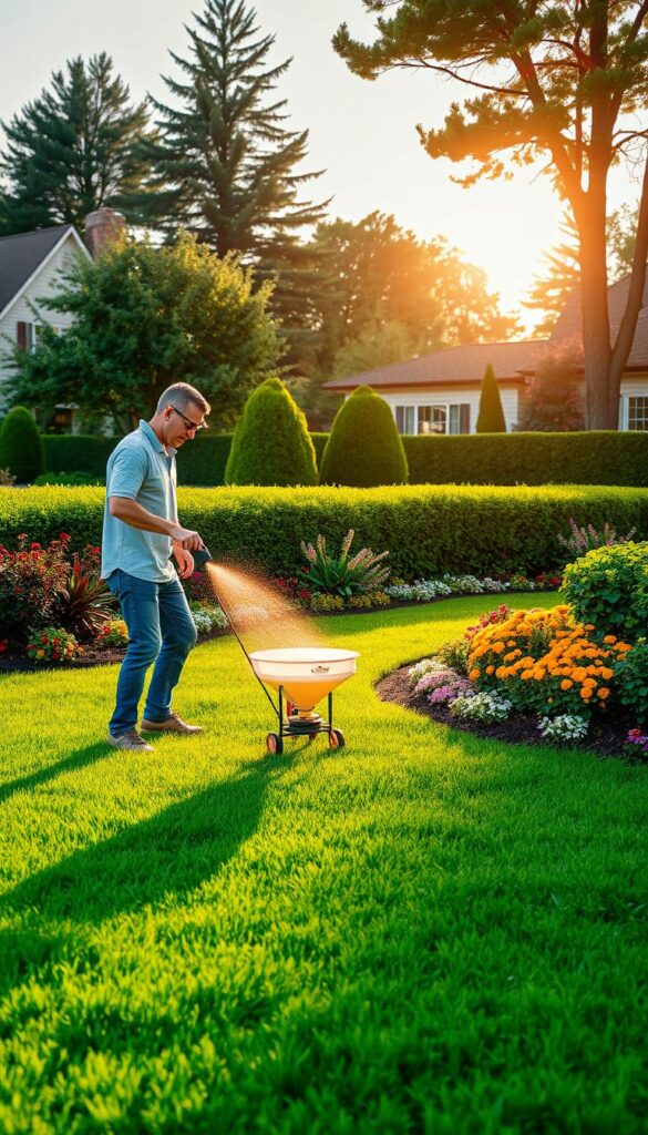 Lush green lawn under a warm, golden afternoon sun. In the foreground, a homeowner in casual attire carefully spreads fertilizer with a hand-held broadcast spreader, ensuring even coverage. In the middle ground, a colorful assortment of seasonal flowers and shrubs frame the scene. The background features a picturesque suburban neighborhood, with neatly trimmed hedges and towering trees. The overall atmosphere conveys a sense of well-tended, thriving outdoor space, reflecting the careful seasonal lawn care strategies.