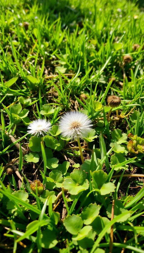 Lush green lawn with vibrant patches of thriving weeds, their roots firmly entrenched in the soil. A closeup view, capturing the intricate textures and varied hues of the weeds - delicate dandelion petals, fuzzy clover leaves, and the sturdy stems of plantain. Sunlight filters through, casting soft shadows and accentuating the organic shapes. The scene conveys a sense of the struggle between order and nature, with the weeds asserting their resilience. A wide-angle lens provides a sense of depth, emphasizing the scale of the problem and the need for effective weed control measures.