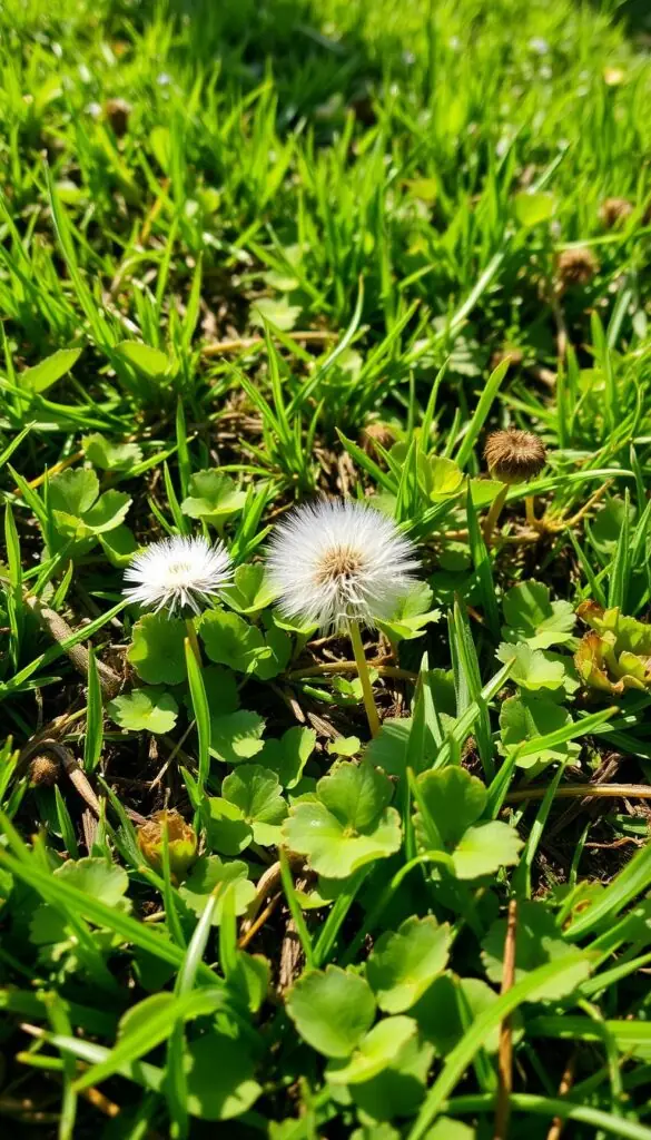 Lush green lawn with vibrant patches of thriving weeds, their roots firmly entrenched in the soil. A closeup view, capturing the intricate textures and varied hues of the weeds - delicate dandelion petals, fuzzy clover leaves, and the sturdy stems of plantain. Sunlight filters through, casting soft shadows and accentuating the organic shapes. The scene conveys a sense of the struggle between order and nature, with the weeds asserting their resilience. A wide-angle lens provides a sense of depth, emphasizing the scale of the problem and the need for effective weed control measures. Lush green lawn with vibrant patches of thriving weeds, their roots firmly entrenched in the soil. A closeup view, capturing the intricate textures and varied hues of the weeds - delicate dandelion petals, fuzzy clover leaves, and the sturdy stems of plantain. Sunlight filters through, casting soft shadows and accentuating the organic shapes. The scene conveys a sense of the struggle between order and nature, with the weeds asserting their resilience. A wide-angle lens provides a sense of depth, emphasizing the scale of the problem and the need for effective weed control measures.