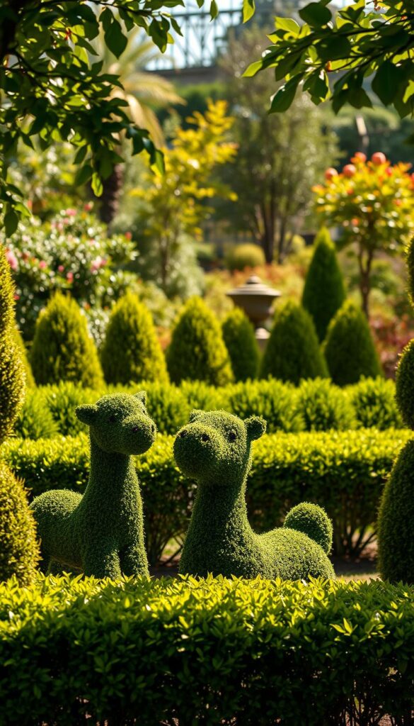 Lush, meticulously sculpted topiaries stand in a sun-dappled garden, their shapes evocative of nature yet undeniably artificial. The foreground features a pair of ornate topiary animals, their forms precise yet organic, inviting closer inspection. In the middle ground, a row of precisely trimmed hedges frames the scene, their verdant leaves casting soft shadows. The background blends a mix of real and faux flora, seamlessly integrated to create a harmonious, almost dreamlike landscape. Warm, diffused lighting bathes the entire composition, heightening the sense of lifelike verisimilitude. The overall atmosphere is one of whimsical enchantment, where the line between the natural and the fabricated becomes delightfully blurred.