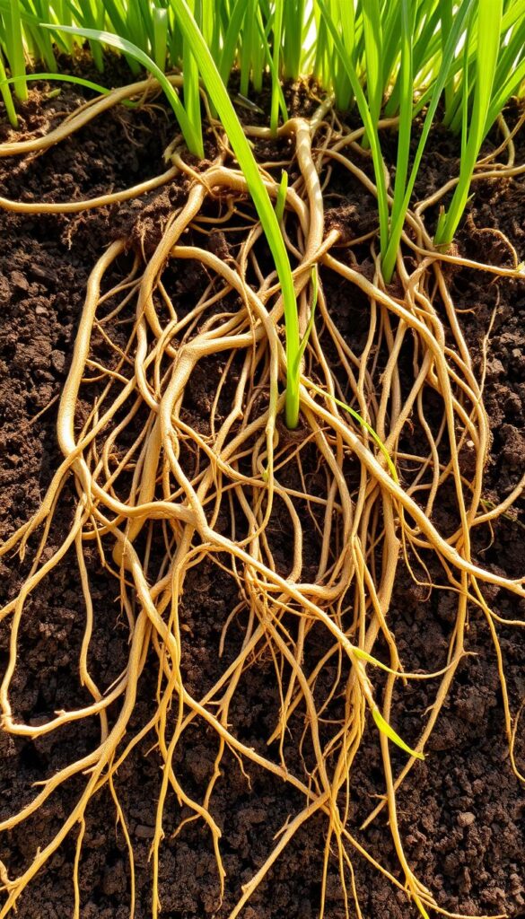 Lush, tangled roots weaving through nutrient-rich soil, creating a intricate underground network that breathes life into the lawn. Sunlight filters through the soil, casting a warm, earthy glow on the fibrous tendrils as they extend and branch out, anchoring the grass and drawing up essential moisture and minerals. The roots form a dense, spongy mat, ready to absorb the benefits of careful aeration and overseeding, revitalizing the compacted earth with renewed vigor. Capture the hidden beauty of this vital lawn foundation, showcasing the unseen foundations that sustain vibrant, healthy grass.