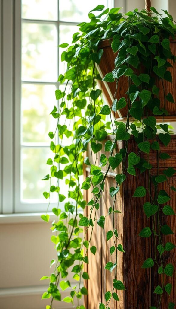 Lush, trailing vines cascading down a wooden planter, illuminated by soft, indirect natural light filtering through a large window. The vines, with their glossy, deep green leaves, gently sway and cast delicate shadows on the weathered wood. A sense of serene tranquility pervades the scene, as the gentle, diffused sunlight creates a warm, inviting atmosphere. The composition highlights the natural beauty and low-maintenance qualities of these resilient, hardy plants, perfect for beginner indoor gardeners seeking a touch of verdant elegance.