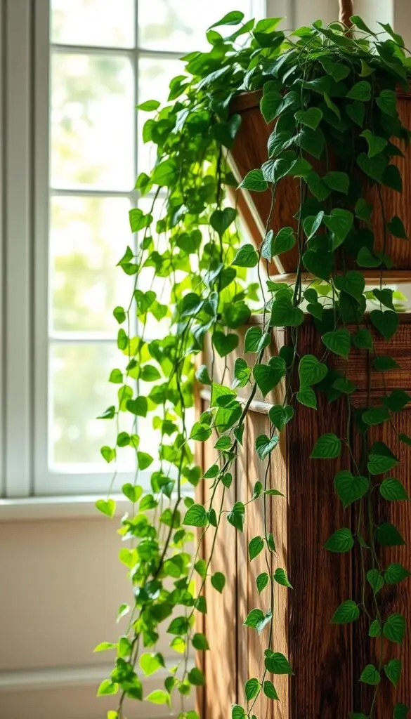 Lush, trailing vines cascading down a wooden planter, illuminated by soft, indirect natural light filtering through a large window. The vines, with their glossy, deep green leaves, gently sway and cast delicate shadows on the weathered wood. A sense of serene tranquility pervades the scene, as the gentle, diffused sunlight creates a warm, inviting atmosphere. The composition highlights the natural beauty and low-maintenance qualities of these resilient, hardy plants, perfect for beginner indoor gardeners seeking a touch of verdant elegance. Lush, trailing vines cascading down a wooden planter, illuminated by soft, indirect natural light filtering through a large window. The vines, with their glossy, deep green leaves, gently sway and cast delicate shadows on the weathered wood. A sense of serene tranquility pervades the scene, as the gentle, diffused sunlight creates a warm, inviting atmosphere. The composition highlights the natural beauty and low-maintenance qualities of these resilient, hardy plants, perfect for beginner indoor gardeners seeking a touch of verdant elegance.