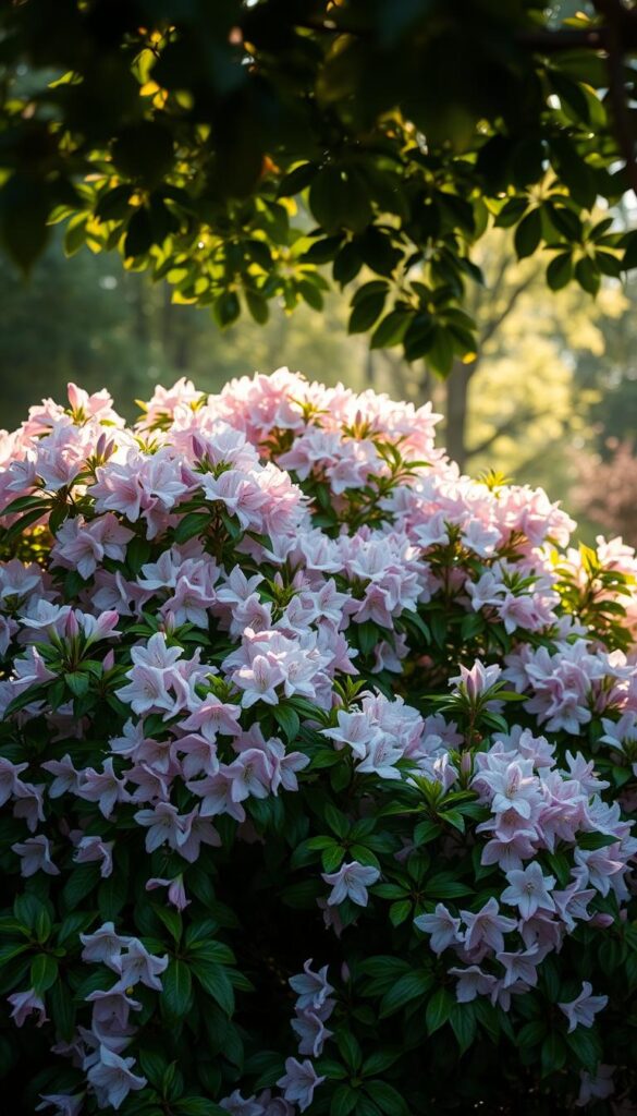 Lush, verdant azalea bushes in soft, dappled shade. The flowers bloom in an array of delicate pastel hues - pink, lavender, white - cascading gently over the leafy foliage. A warm, diffuse light filters through the canopy above, casting a serene, dreamy atmosphere. The scene is framed with a sense of peaceful tranquility, inviting the viewer to pause and bask in the beauty of this springtime oasis. The composition is balanced, with the azaleas taking center stage, surrounded by a muted, atmospheric background that complements their vibrant colors. The overall mood is one of calm, comfort and the fleeting, ephemeral nature of these stunning springtime blooms. Lush, verdant azalea bushes in soft, dappled shade. The flowers bloom in an array of delicate pastel hues - pink, lavender, white - cascading gently over the leafy foliage. A warm, diffuse light filters through the canopy above, casting a serene, dreamy atmosphere. The scene is framed with a sense of peaceful tranquility, inviting the viewer to pause and bask in the beauty of this springtime oasis. The composition is balanced, with the azaleas taking center stage, surrounded by a muted, atmospheric background that complements their vibrant colors. The overall mood is one of calm, comfort and the fleeting, ephemeral nature of these stunning springtime blooms.