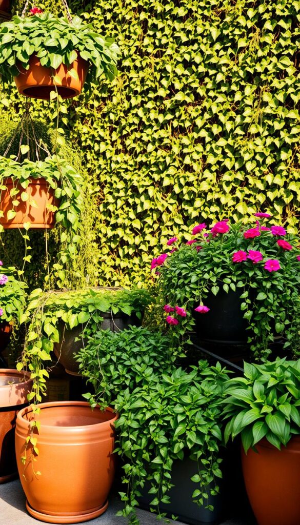 Lush, verdant containers and hanging baskets brimming with a vibrant array of trailing vines, leafy greens, and colorful blooms. The foreground showcases a selection of terracotta pots and modern planters, strategically arranged to create a harmonious display. In the middle ground, cascading foliage spills over the edges, casting gentle shadows and adding depth to the scene. The background features a verdant green wall, its intricate pattern of leaves and vines forming a living, natural backdrop. The lighting is soft and diffused, casting a warm, golden glow and highlighting the textures and vibrant hues of the plants. The overall mood is one of lush, low-maintenance summer abundance, conveying a sense of effortless, urban-friendly gardening.