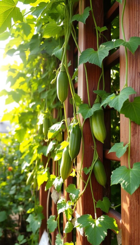 Lush, verdant cucumber vines gracefully climbing up a sturdy wooden trellis, their leaves gently swaying in a soft breeze. The vines are carefully trained, their tendrils delicately wrapped around the lattice, creating a natural, organic pattern. Dappled sunlight filters through the leaves, casting a warm, golden glow on the scene. The cucumbers themselves are in various stages of growth, some small and green, others larger and plump, ready for harvesting. The overall composition is balanced and visually pleasing, showcasing the effectiveness of this vertical growing technique. Lush, verdant cucumber vines gracefully climbing up a sturdy wooden trellis, their leaves gently swaying in a soft breeze. The vines are carefully trained, their tendrils delicately wrapped around the lattice, creating a natural, organic pattern. Dappled sunlight filters through the leaves, casting a warm, golden glow on the scene. The cucumbers themselves are in various stages of growth, some small and green, others larger and plump, ready for harvesting. The overall composition is balanced and visually pleasing, showcasing the effectiveness of this vertical growing technique.