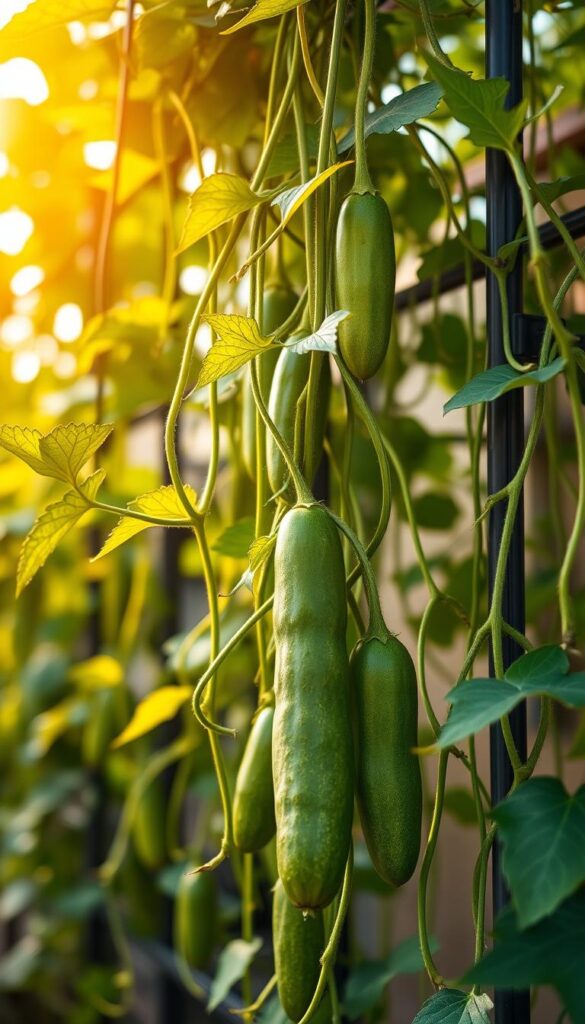 Lush, verdant cucumbers stretching upward, their vibrant green vines climbing gracefully on a sturdy trellis. The sun casts a warm, golden glow, accentuating the delicate leaves and the smooth, elongated shapes of the cucumbers. In the foreground, the vines intertwine, forming a visually striking and harmonious composition. The middle ground showcases the carefully structured trellis system, guiding the cucumbers' natural tendency to grow vertically, optimizing space and showcasing their inherent beauty. The background blurs softly, allowing the cucumbers to be the focal point, emphasizing their importance and the benefits of vertical gardening. This image captures the essence of why growing cucumbers vertically is an elegant, space-saving, and bountiful solution. Lush, verdant cucumbers stretching upward, their vibrant green vines climbing gracefully on a sturdy trellis. The sun casts a warm, golden glow, accentuating the delicate leaves and the smooth, elongated shapes of the cucumbers. In the foreground, the vines intertwine, forming a visually striking and harmonious composition. The middle ground showcases the carefully structured trellis system, guiding the cucumbers' natural tendency to grow vertically, optimizing space and showcasing their inherent beauty. The background blurs softly, allowing the cucumbers to be the focal point, emphasizing their importance and the benefits of vertical gardening. This image captures the essence of why growing cucumbers vertically is an elegant, space-saving, and bountiful solution.