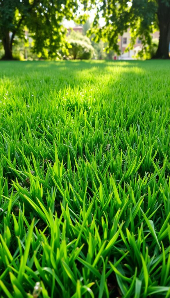 Lush, verdant field of freshly mowed grass, blades trimmed to a uniform height, creating a smooth, well-manicured surface. Dappled sunlight filters through the leaves, casting a warm, natural glow over the scene. The texture of the grass is inviting, with individual blades visible but not unruly. In the foreground, a few stray clippings lie scattered, evidence of a recent mowing. The overall impression is one of meticulous care and attention, creating an aesthetically pleasing and functional lawn.