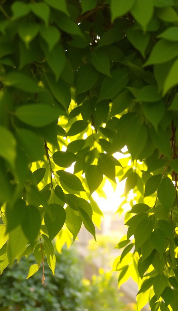 Lush, verdant foliage casting a tranquil, calming shade over a serene corner. Delicate, overlapping leaves in various shades of green, from vibrant emerald to muted olive, filtering the warm, golden afternoon light. The leaves gently sway, creating a rhythmic, organic pattern that dances across the frame. Soft, diffused lighting illuminates the scene, creating a serene, contemplative atmosphere. The leaves appear to be hanging from a canopy of unseen branches, creating a sense of depth and layering. This inviting, shaded respite offers a peaceful retreat from the bustle of the day, perfect for savoring quiet moments in the garden. Lush, verdant foliage casting a tranquil, calming shade over a serene corner. Delicate, overlapping leaves in various shades of green, from vibrant emerald to muted olive, filtering the warm, golden afternoon light. The leaves gently sway, creating a rhythmic, organic pattern that dances across the frame. Soft, diffused lighting illuminates the scene, creating a serene, contemplative atmosphere. The leaves appear to be hanging from a canopy of unseen branches, creating a sense of depth and layering. This inviting, shaded respite offers a peaceful retreat from the bustle of the day, perfect for savoring quiet moments in the garden.