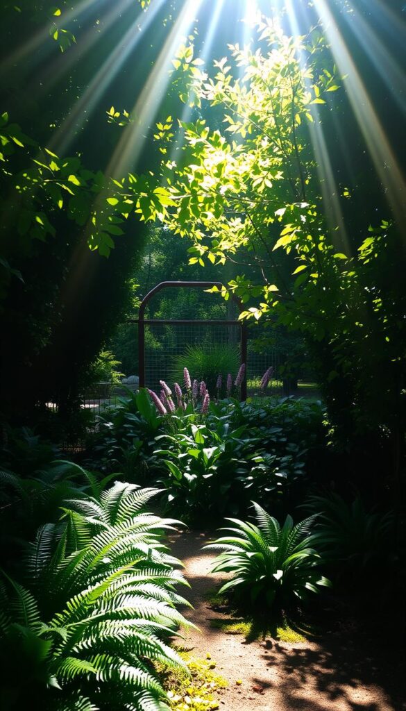 Lush, verdant foliage casting dappled shadows on a sun-dappled garden path. Soft beams of light filter through a canopy of leaves, creating a serene, meditative atmosphere. In the foreground, a patchwork of ferns and hostas thrive in the cool, shaded areas, while in the middle ground, a few hardy perennials soak up the occasional bursts of sunlight. The background fades into a gentle blur, hinting at the larger garden beyond. Warm, earthy tones blend seamlessly, evoking a sense of tranquility and natural harmony. Lush, verdant foliage casting dappled shadows on a sun-dappled garden path. Soft beams of light filter through a canopy of leaves, creating a serene, meditative atmosphere. In the foreground, a patchwork of ferns and hostas thrive in the cool, shaded areas, while in the middle ground, a few hardy perennials soak up the occasional bursts of sunlight. The background fades into a gentle blur, hinting at the larger garden beyond. Warm, earthy tones blend seamlessly, evoking a sense of tranquility and natural harmony.
