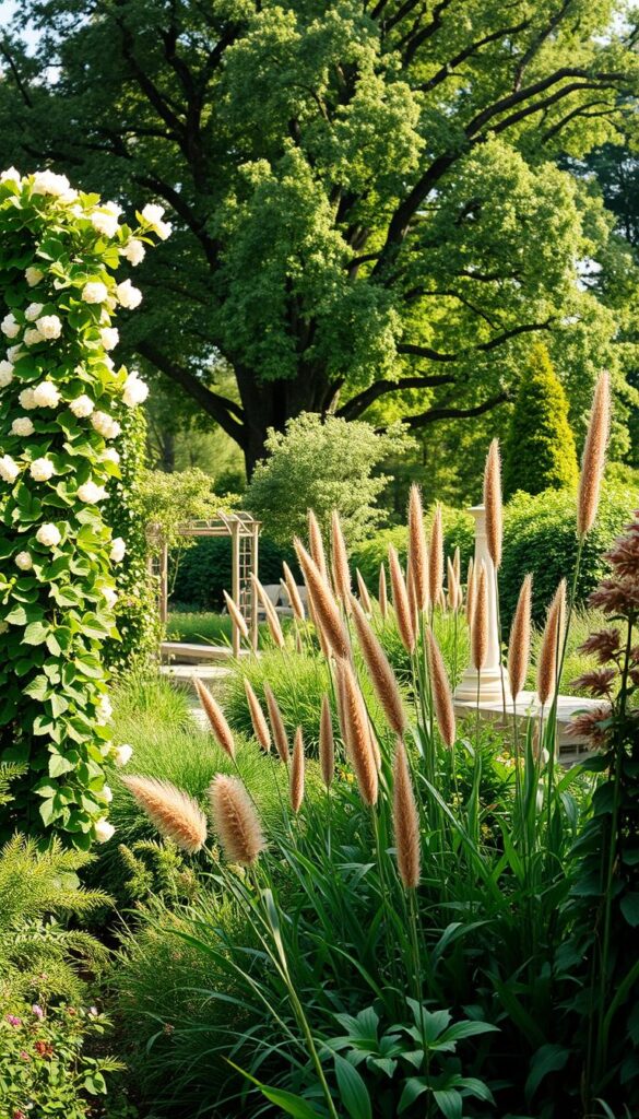 Lush, verdant garden filled with towering climbers and stately accents. Foreground showcases robust, flowering vines gracefully ascending trellises and obelisks. Middle ground features a mix of tall, textured perennials and ornamental grasses swaying in a gentle breeze. Background depicts a canopy of mature trees casting warm, dappled light over the scene. Soft, romantic mood with a classic, timeless feel. Captured with a medium-format film aesthetic and shallow depth of field to emphasize the verdant, layered composition.