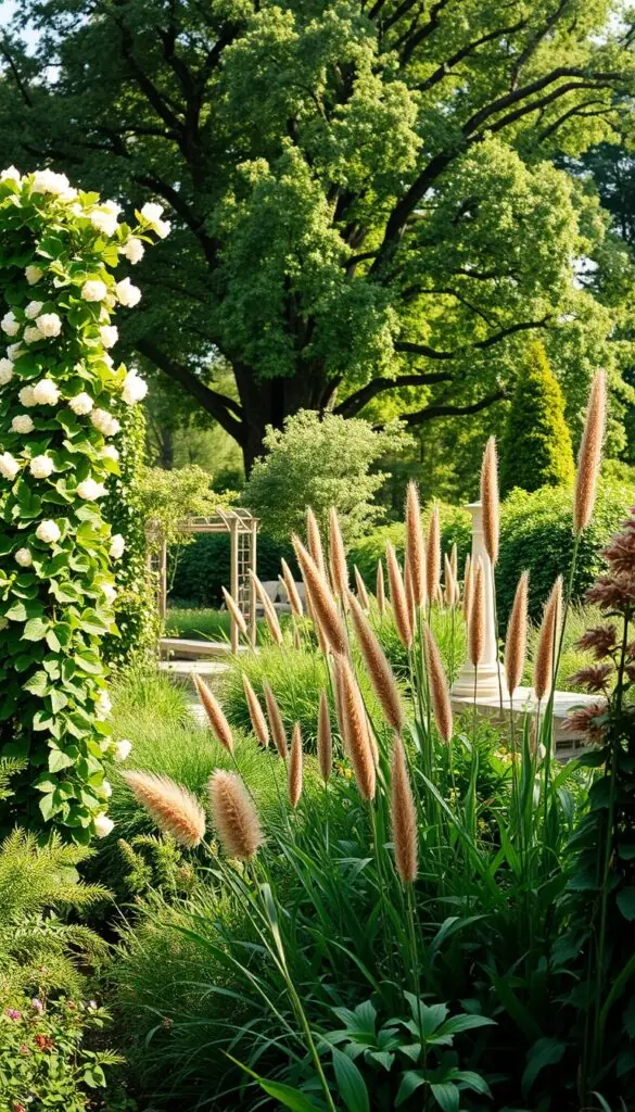 Lush, verdant garden filled with towering climbers and stately accents. Foreground showcases robust, flowering vines gracefully ascending trellises and obelisks. Middle ground features a mix of tall, textured perennials and ornamental grasses swaying in a gentle breeze. Background depicts a canopy of mature trees casting warm, dappled light over the scene. Soft, romantic mood with a classic, timeless feel. Captured with a medium-format film aesthetic and shallow depth of field to emphasize the verdant, layered composition. Lush, verdant garden filled with towering climbers and stately accents. Foreground showcases robust, flowering vines gracefully ascending trellises and obelisks. Middle ground features a mix of tall, textured perennials and ornamental grasses swaying in a gentle breeze. Background depicts a canopy of mature trees casting warm, dappled light over the scene. Soft, romantic mood with a classic, timeless feel. Captured with a medium-format film aesthetic and shallow depth of field to emphasize the verdant, layered composition.