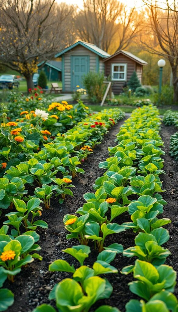 Lush, verdant garden in early spring. Foreground filled with rows of freshly planted seedlings - vibrant greens of lettuce, radishes, and kale. Mid-ground features a mixture of flowering plants like marigolds and nasturtiums, their petals gently swaying in a soft breeze. Distant background shows a quaint wooden shed, surrounded by budding fruit trees. Warm golden light filters through the scene, creating a serene, rejuvenating atmosphere. Composition shot from a slight overhead angle, capturing the orderly layout of the productive, thriving plot.