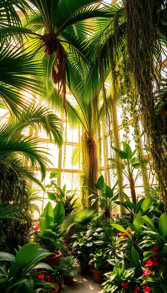 Lush, verdant indoor jungle with towering palm leaves, cascading vines, and vibrant tropical foliage. Warm, diffused lighting filters through the canopy, casting a soft, inviting glow. Sunlight streams through large windows, illuminating a diverse array of potted plants, ferns, and colorful flowers arranged in a harmonious, natural layout. The scene conveys a sense of tranquility and escape, transporting the viewer to a serene, nature-filled oasis. Captured with a wide-angle lens to showcase the depth and scale of this immersive indoor landscape. Lush, verdant indoor jungle with towering palm leaves, cascading vines, and vibrant tropical foliage. Warm, diffused lighting filters through the canopy, casting a soft, inviting glow. Sunlight streams through large windows, illuminating a diverse array of potted plants, ferns, and colorful flowers arranged in a harmonious, natural layout. The scene conveys a sense of tranquility and escape, transporting the viewer to a serene, nature-filled oasis. Captured with a wide-angle lens to showcase the depth and scale of this immersive indoor landscape.