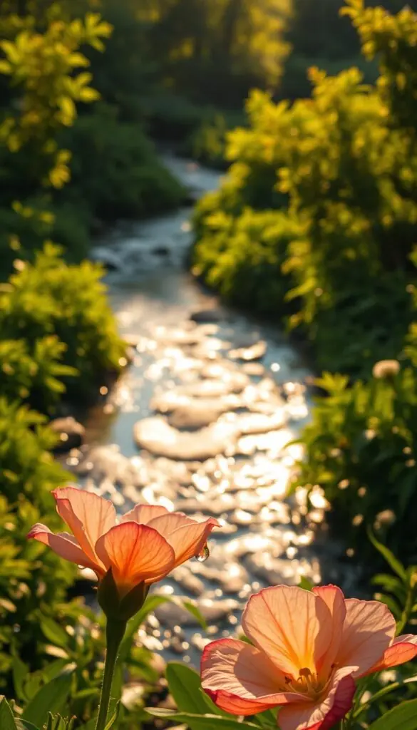 Lush, verdant landscape bathed in golden sunlight, with a captivating focal point - a serene, gently flowing stream. The water's surface reflects the surrounding foliage, creating a mesmerizing interplay of light and shadow. The stream meanders gracefully, its crystal-clear waters beckoning the viewer to pause and take in the tranquil scene. In the foreground, water droplets glisten on delicate flower petals, hinting at the importance of mindful, tailored watering. The overall atmosphere evokes a sense of peaceful harmony, emphasizing the need to water plants based on their unique needs, not by rote. Lush, verdant landscape bathed in golden sunlight, with a captivating focal point - a serene, gently flowing stream. The water's surface reflects the surrounding foliage, creating a mesmerizing interplay of light and shadow. The stream meanders gracefully, its crystal-clear waters beckoning the viewer to pause and take in the tranquil scene. In the foreground, water droplets glisten on delicate flower petals, hinting at the importance of mindful, tailored watering. The overall atmosphere evokes a sense of peaceful harmony, emphasizing the need to water plants based on their unique needs, not by rote.