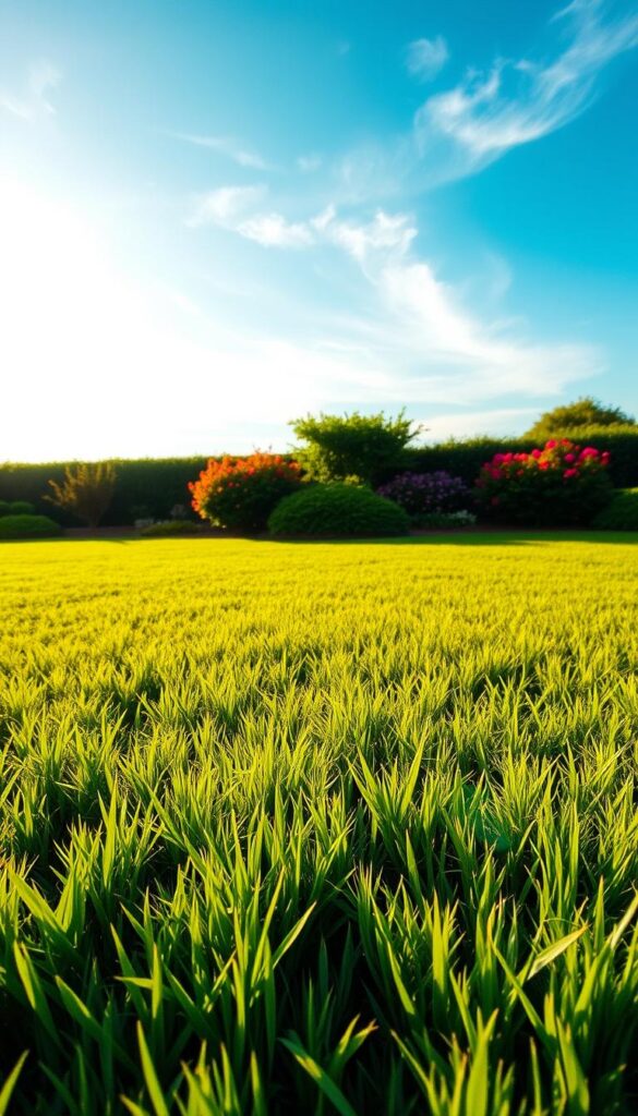 Lush, verdant lawn spread out under a warm, golden sunlight. Blades of grass sway gently in a light breeze, creating a tranquil, serene atmosphere. In the middle ground, healthy, vibrant shrubs and flowering plants add pops of color, complementing the smooth, even texture of the lawn. The background features a clear, azure sky, with wispy clouds drifting overhead, conveying a sense of timelessness and peaceful continuity throughout the seasons. Captured with a wide-angle lens to showcase the expansive, calming nature of the year-round lawn, this idyllic scene evokes a sense of effortless, natural harmony.