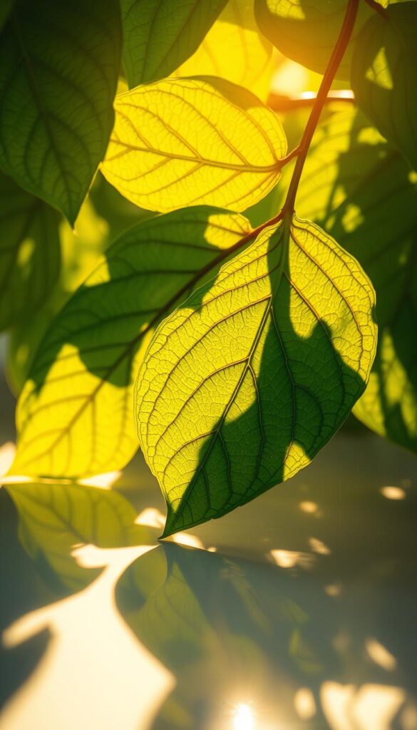Lush, verdant leaves bathed in warm, golden sunlight, delicately casting intricate shadows on a clean, polished surface. The leaves, vibrant and glossy, exude a sense of vitality and health, their intricate veins and textures meticulously captured. The composition draws the eye to the center, emphasizing the beauty and attention to detail, as if inviting the viewer to closely examine the natural wonder of these leaves. The lighting, soft and diffused, creates a serene, contemplative atmosphere, highlighting the leaves' luminous quality and the importance of maintaining their pristine condition.