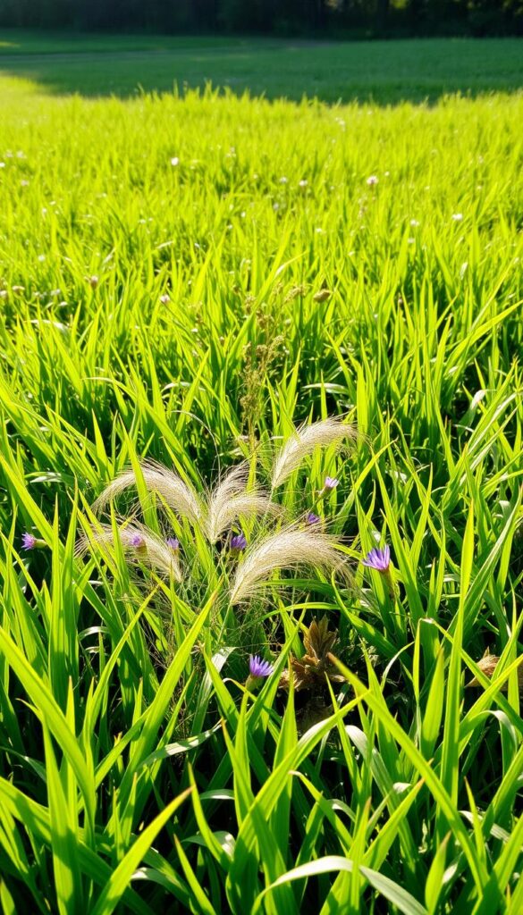 Lush, verdant meadow with vibrant blades of grass swaying gently in a soft breeze. Sunlight filters through the foliage, casting a warm, natural glow and creating dynamic shadows. In the foreground, a mix of tall fescue, Kentucky bluegrass, and perennial ryegrass create a diverse, uniform carpet. The middle ground features clumps of wispy, fine-textured ornamental grasses interspersed with clusters of wildflowers. A distant tree line forms the background, hinting at the tranquil, pastoral setting. The overall scene exudes a sense of serene, organic beauty, perfectly capturing the essence of a healthy, thriving lawn.