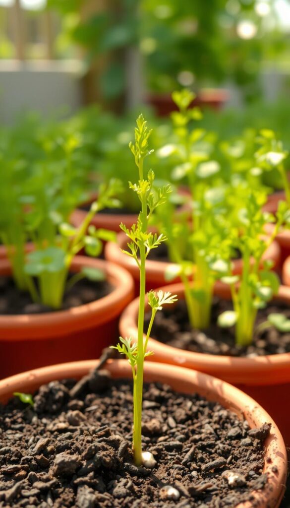 Lush, verdant seedlings in terracotta pots, their tender leaves reaching skyward under the warm glow of a natural light source. The soil is rich and well-drained, creating the perfect environment for the carrots' initial growth. In the foreground, a single seedling stands tall, its delicate stem supporting vibrant green foliage. In the middle ground, a cluster of seedlings thrives, their leaves gently swaying as if dancing in a gentle breeze. The background is softly blurred, allowing the viewer to focus on the captivating details of the foreground and middle ground. The overall mood is one of tranquility and anticipation, hinting at the healthy, robust carrot tops to come. Lush, verdant seedlings in terracotta pots, their tender leaves reaching skyward under the warm glow of a natural light source. The soil is rich and well-drained, creating the perfect environment for the carrots' initial growth. In the foreground, a single seedling stands tall, its delicate stem supporting vibrant green foliage. In the middle ground, a cluster of seedlings thrives, their leaves gently swaying as if dancing in a gentle breeze. The background is softly blurred, allowing the viewer to focus on the captivating details of the foreground and middle ground. The overall mood is one of tranquility and anticipation, hinting at the healthy, robust carrot tops to come.