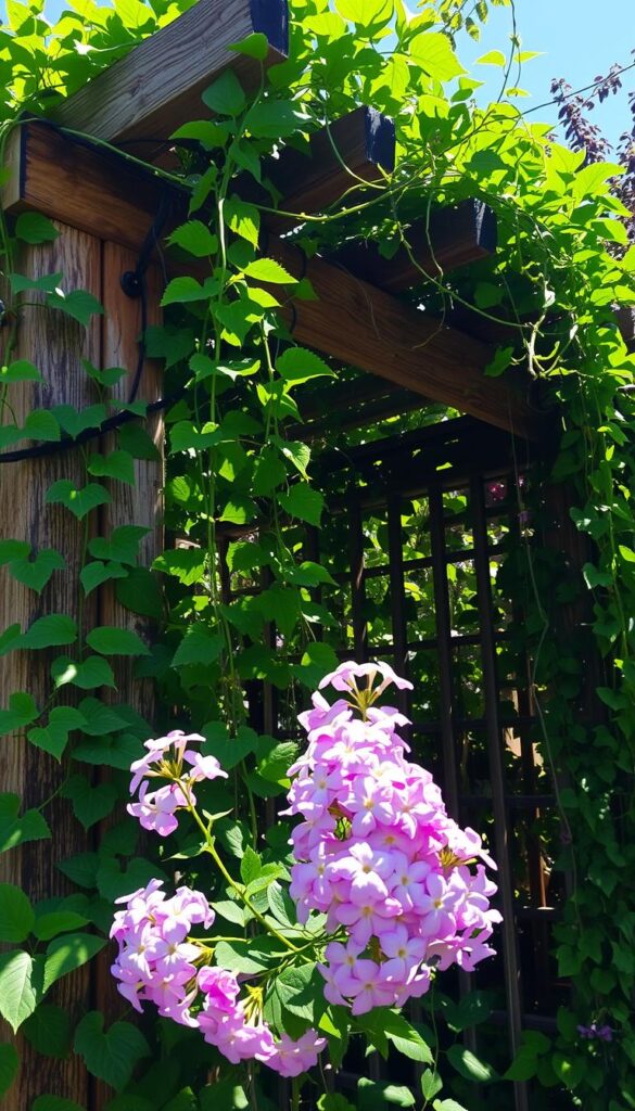 Lush, verdant vines cascading down a sun-drenched trellis, their vibrant foliage embracing the warm rays. Delicate tendrils reach skyward, creating a natural canopy of emerald hues. In the foreground, clusters of delicate flowers in shades of purple, pink, and white bloom amidst the verdant growth, adding pops of color to the scene. Dappled shadows dance across the weathered wooden structure, lending a sense of depth and dimension. The overall composition evokes a tranquil, sun-soaked atmosphere, capturing the essence of thriving, heat-loving climbers perfect for hot summer gardens. Lush, verdant vines cascading down a sun-drenched trellis, their vibrant foliage embracing the warm rays. Delicate tendrils reach skyward, creating a natural canopy of emerald hues. In the foreground, clusters of delicate flowers in shades of purple, pink, and white bloom amidst the verdant growth, adding pops of color to the scene. Dappled shadows dance across the weathered wooden structure, lending a sense of depth and dimension. The overall composition evokes a tranquil, sun-soaked atmosphere, capturing the essence of thriving, heat-loving climbers perfect for hot summer gardens.